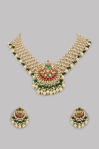 Gold Finish Pachi Kundan Polki & Ruby Layered Necklace Set by Aryah Jewels