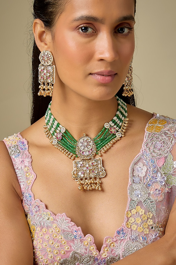 Gold Finish Emerald Green Beaded & Zircon Choker Necklace Set by Aryah Jewels at Pernia's Pop Up Shop