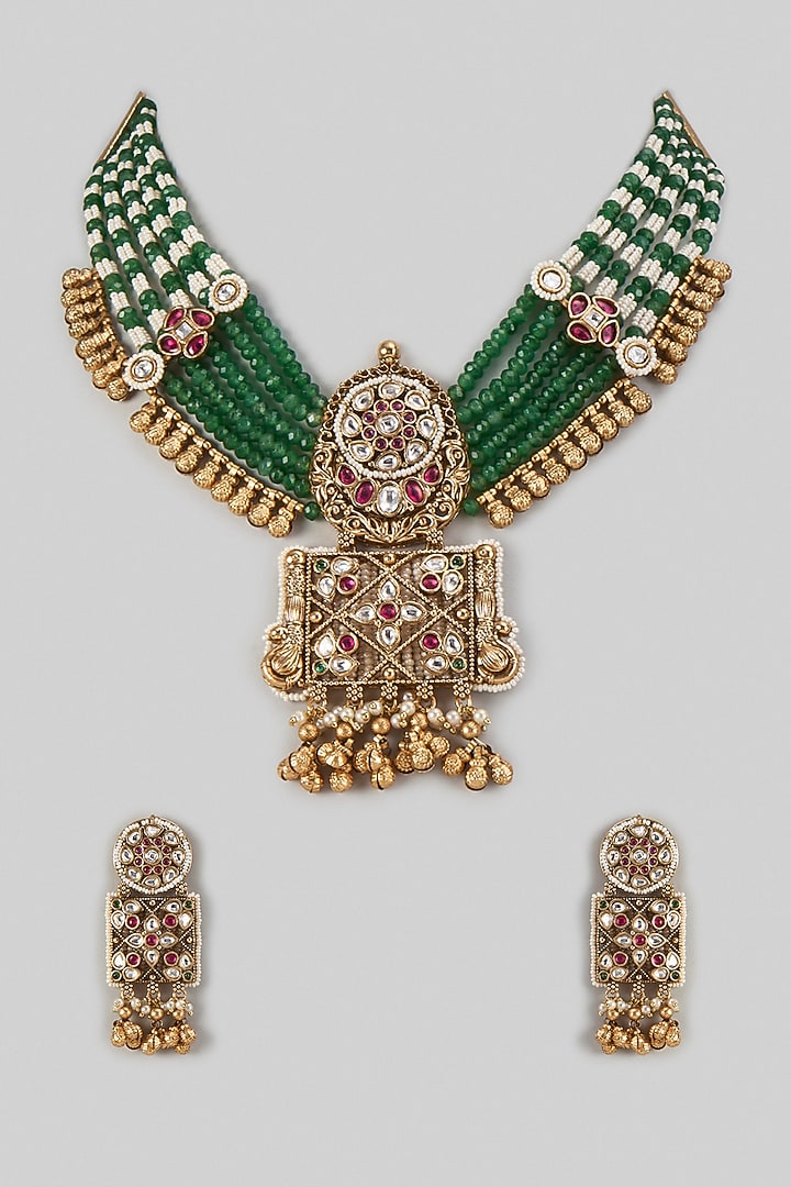 Gold Finish Emerald Green Beaded & Zircon Choker Necklace Set by Aryah Jewels at Pernia's Pop Up Shop