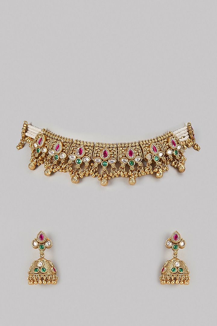 Gold Finish Kundan Polki & Multi-Colored Stone Choker Necklace Set by Aryah Jewels at Pernia's Pop Up Shop