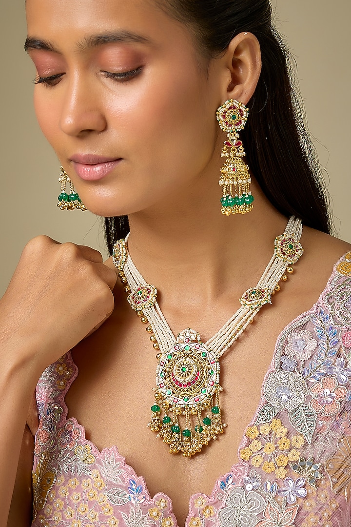 Gold Finish Pearl & Emerald Beaded Long Pendant Necklace Set by Aryah Jewels at Pernia's Pop Up Shop