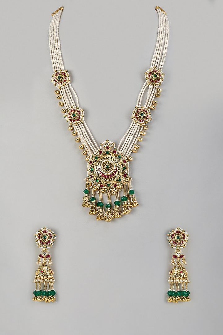 Gold Finish Pearl & Emerald Beaded Long Pendant Necklace Set by Aryah Jewels at Pernia's Pop Up Shop