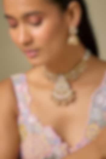 Gold Finish Emerald Beaded & Zircon Temple Necklace Set by Aryah Jewels at Pernia's Pop Up Shop