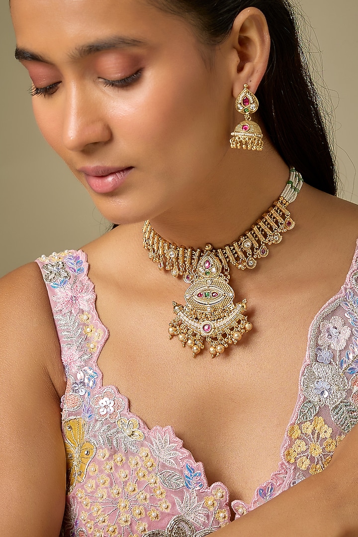 Gold Finish Emerald Beaded & Zircon Temple Necklace Set by Aryah Jewels at Pernia's Pop Up Shop