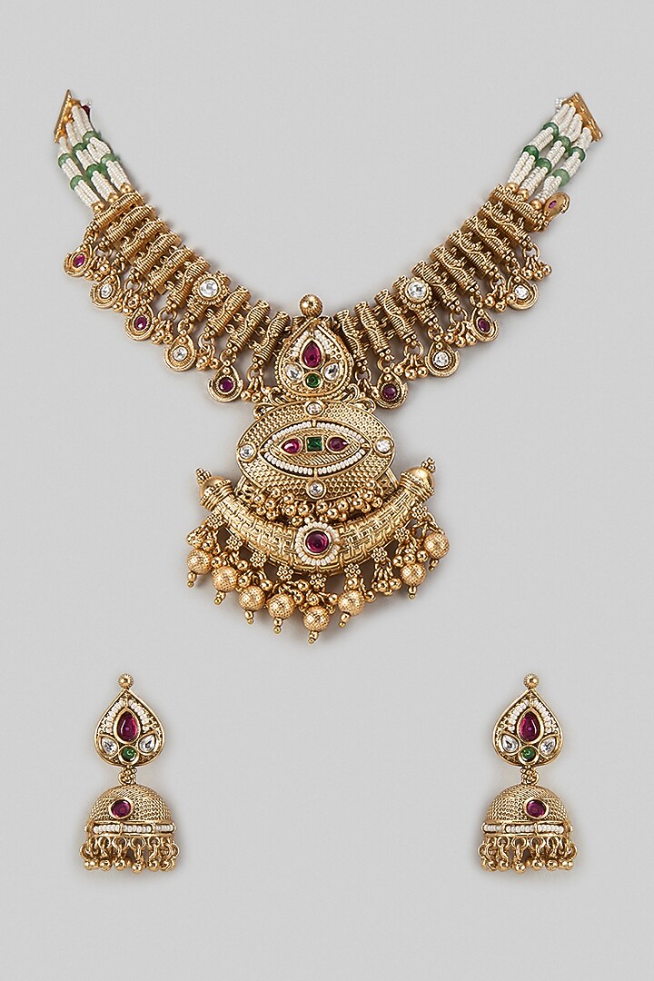 Gold Finish Emerald Beaded & Zircon Temple Necklace Set by Aryah Jewels at Pernia's Pop Up Shop