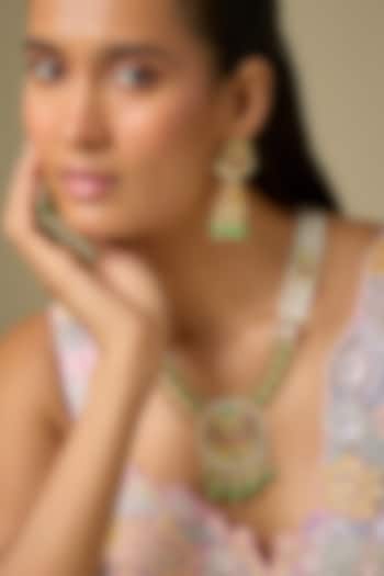 Gold Finish Pearl & Emerald Beaded Long Pendant Necklace Set by Aryah Jewels at Pernia's Pop Up Shop