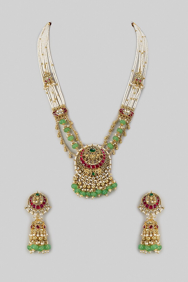 Gold Finish Pearl & Emerald Beaded Long Pendant Necklace Set by Aryah Jewels at Pernia's Pop Up Shop