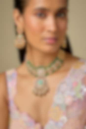 Gold Finish Kundan Polki & Green Stone Pendant Choker Necklace Set by Aryah Jewels at Pernia's Pop Up Shop