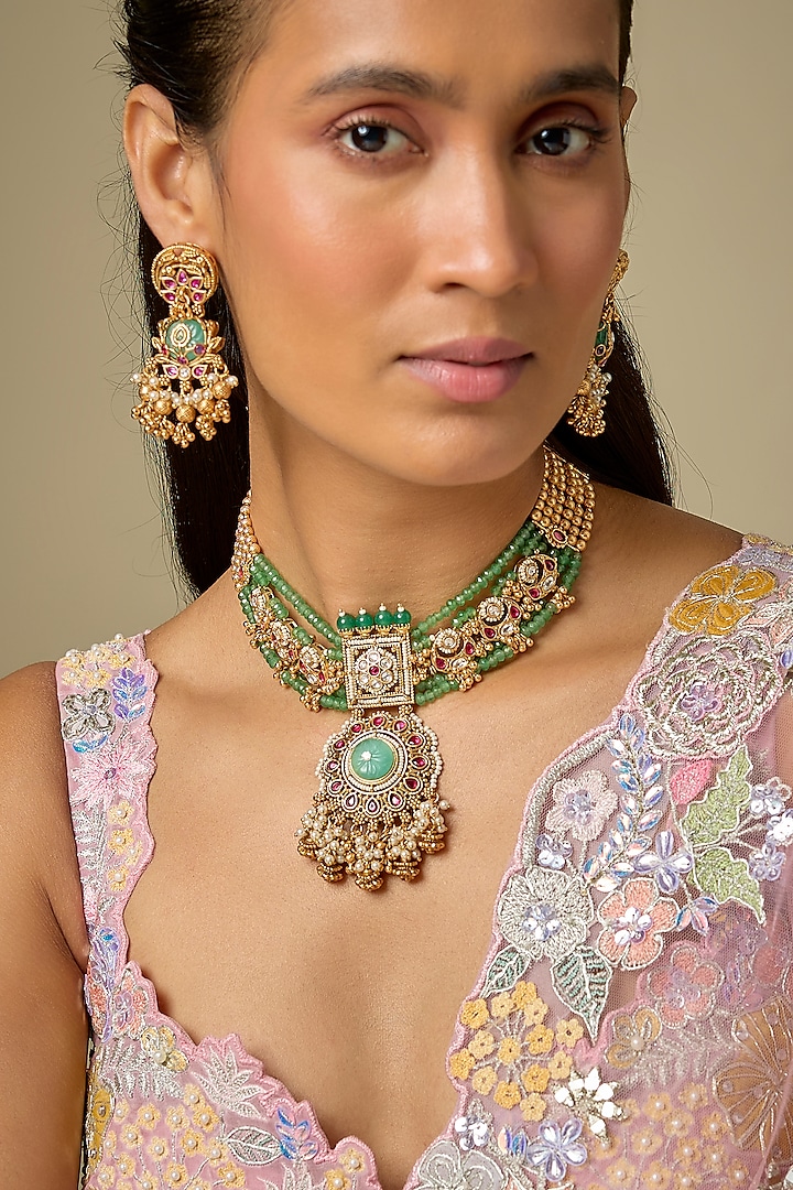 Gold Finish Kundan Polki & Green Stone Pendant Choker Necklace Set by Aryah Jewels at Pernia's Pop Up Shop