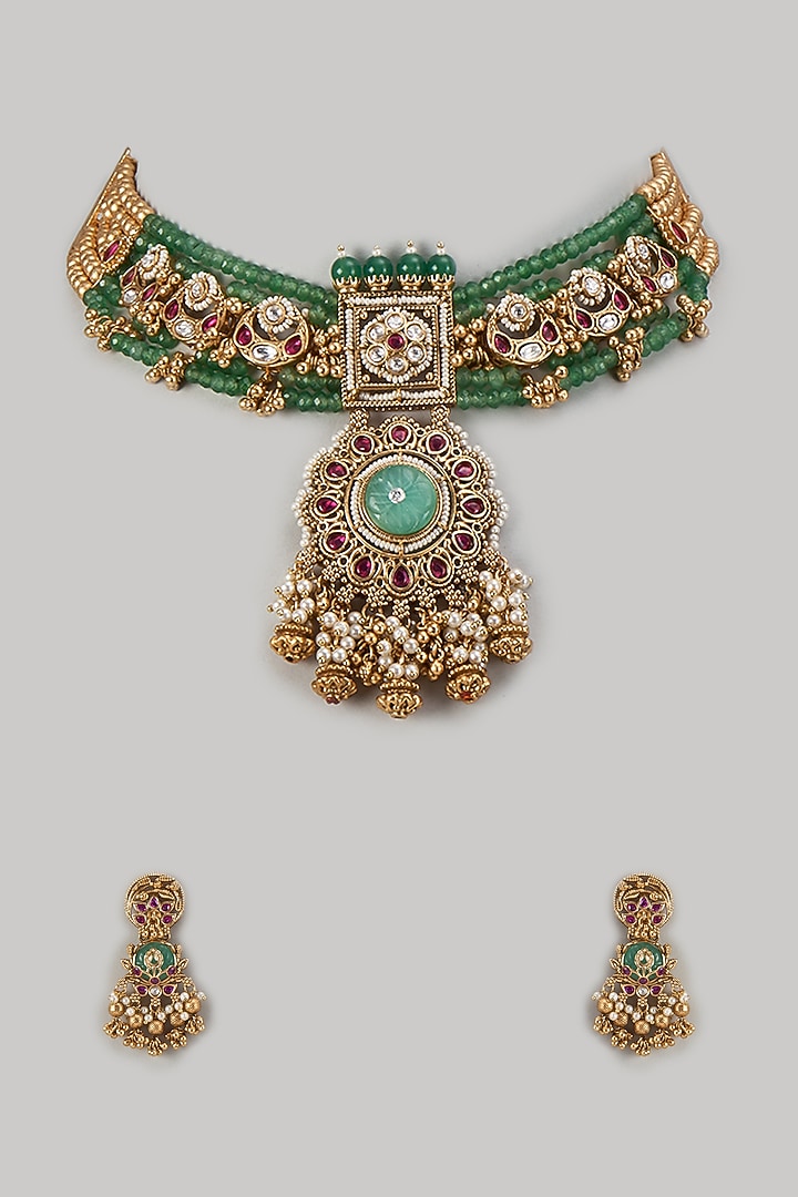 Gold Finish Kundan Polki & Green Stone Pendant Choker Necklace Set by Aryah Jewels at Pernia's Pop Up Shop