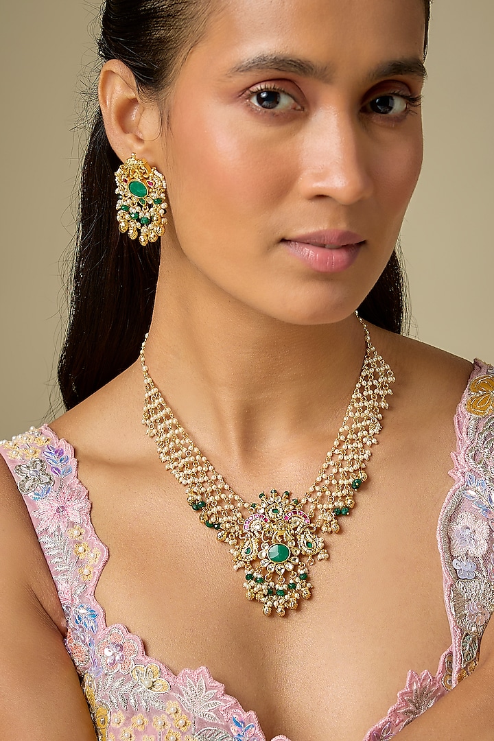 Gold Finish Kundan Polki & Ruby Stone Layered Handcrafted Necklace Set by Aryah Jewels at Pernia's Pop Up Shop