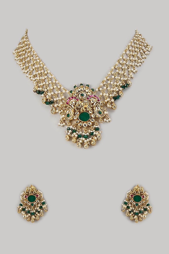 Gold Finish Kundan Polki & Ruby Stone Layered Handcrafted Necklace Set by Aryah Jewels at Pernia's Pop Up Shop