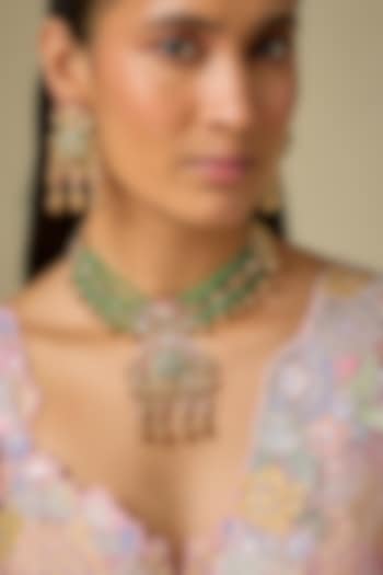 Gold Finish Kundan Polki & Green Stone Necklace Set by Aryah Jewels at Pernia's Pop Up Shop
