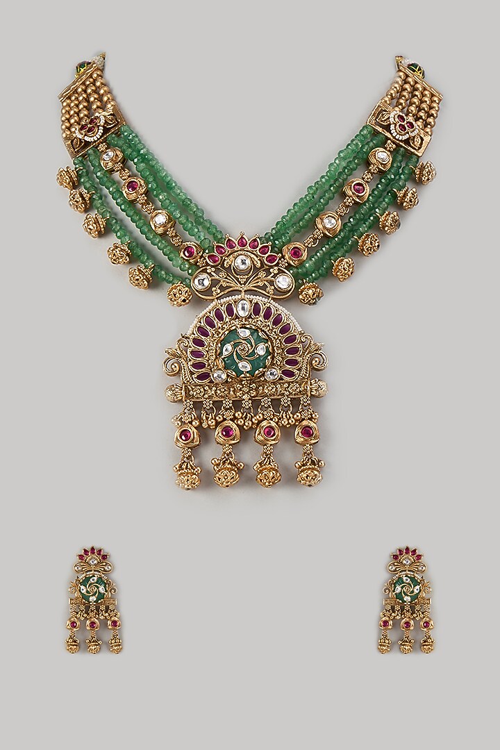 Gold Finish Kundan Polki & Green Stone Necklace Set by Aryah Jewels at Pernia's Pop Up Shop