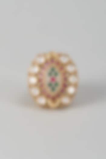Gold Finish Pink Kundan Polki Adjustable Ring by Aryah Jewels at Pernia's Pop Up Shop