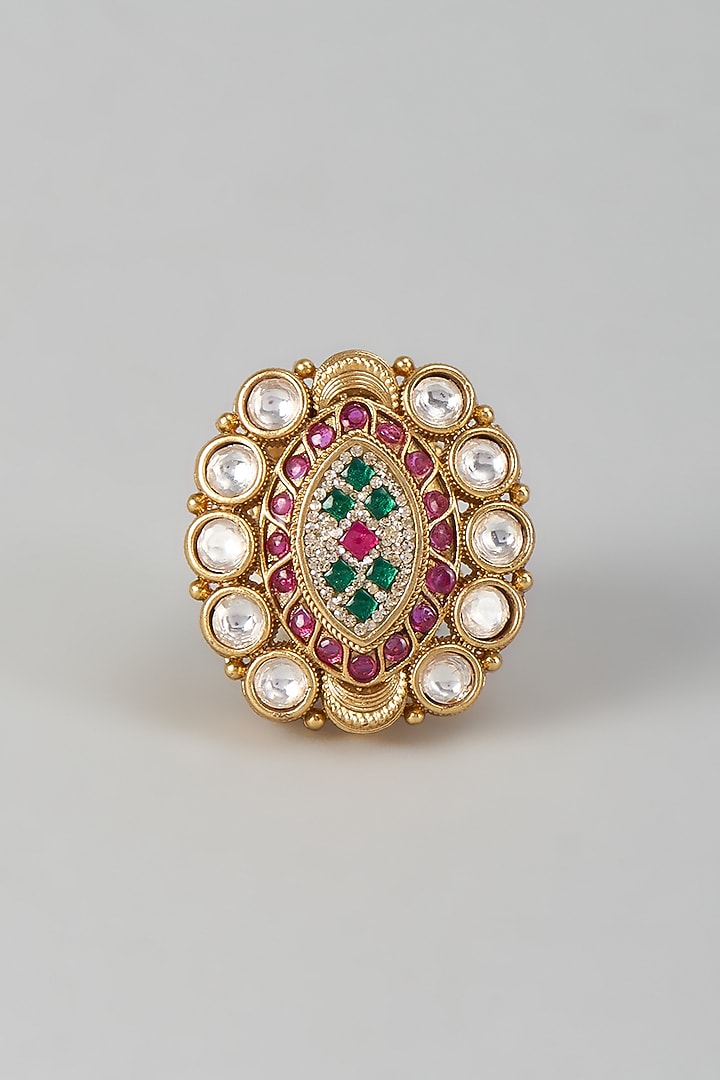 Gold Finish Pink Kundan Polki Adjustable Ring by Aryah Jewels at Pernia's Pop Up Shop