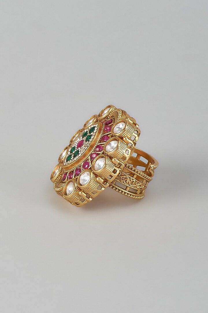 Gold Finish Pink Kundan Polki Adjustable Ring by Aryah Jewels at Pernia's Pop Up Shop