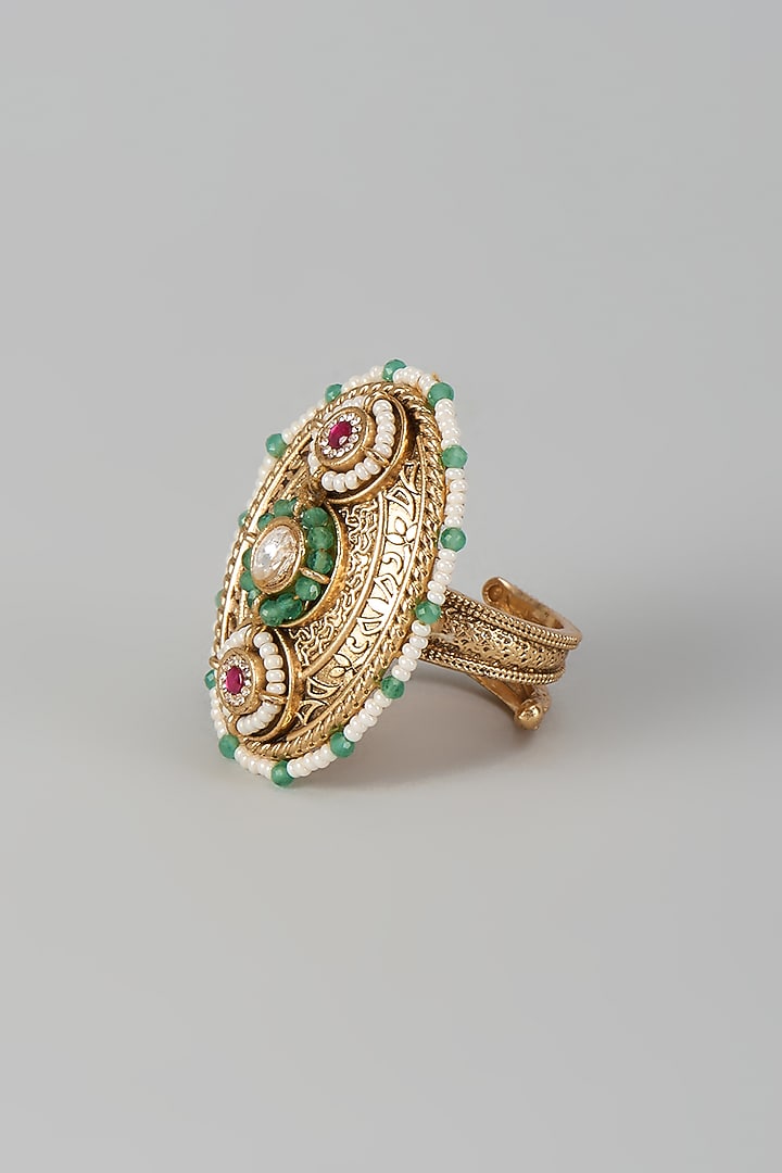 Gold Finish Kundan Polki & Multi-Colored Stone Adjustable Ring by Aryah Jewels at Pernia's Pop Up Shop