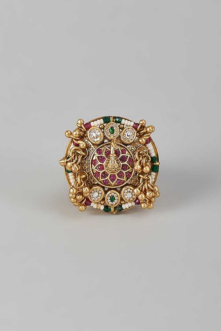 Gold Finish Kundan Polki Adjustable Peacock Ring by Aryah Jewels at Pernia's Pop Up Shop