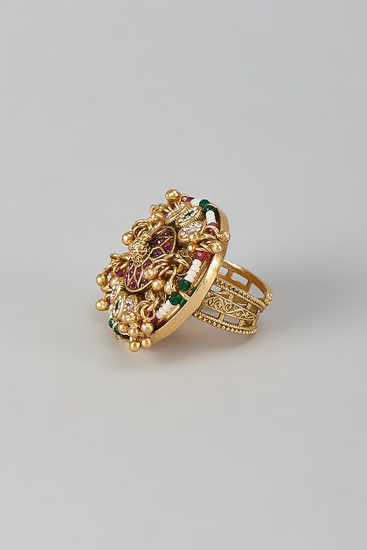 Gold Finish Kundan Polki Adjustable Peacock Ring by Aryah Jewels at Pernia's Pop Up Shop