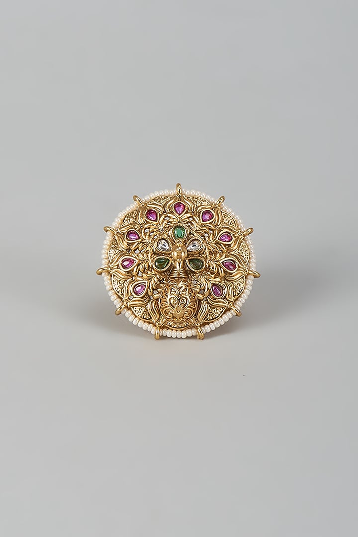 Gold Finish Kundan Polki Adjustable Peacock Ring by Aryah Jewels at Pernia's Pop Up Shop