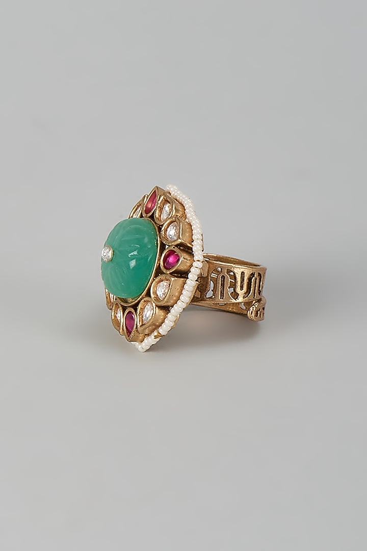 Gold Finish Kundan Polki & Red Stone Adjustable Ring by Aryah Jewels at Pernia's Pop Up Shop