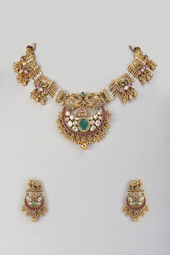 Gold Finish Kundan Polki & Multi-Colored Stone Temple Necklace Set by Aryah Jewels at Pernia's Pop Up Shop