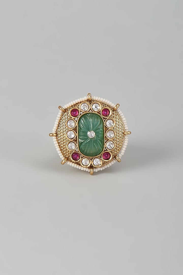 Gold Finish Kundan Polki & White Stone Adjustable Ring by Aryah Jewels at Pernia's Pop Up Shop