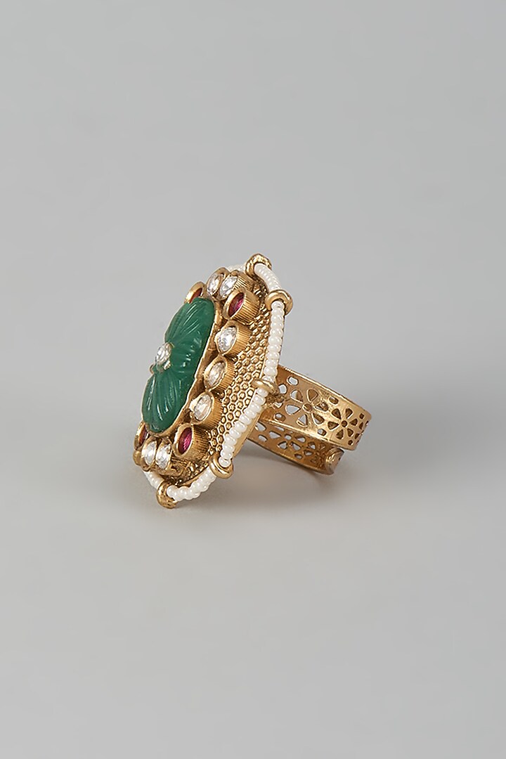 Gold Finish Kundan Polki & White Stone Adjustable Ring by Aryah Jewels at Pernia's Pop Up Shop