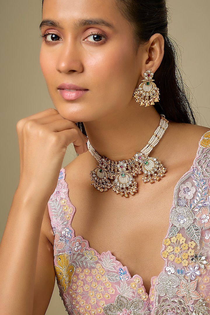 Gold Finish Kundan Polki & Green Stone Temple Choker Necklace Set by Aryah Jewels at Pernia's Pop Up Shop