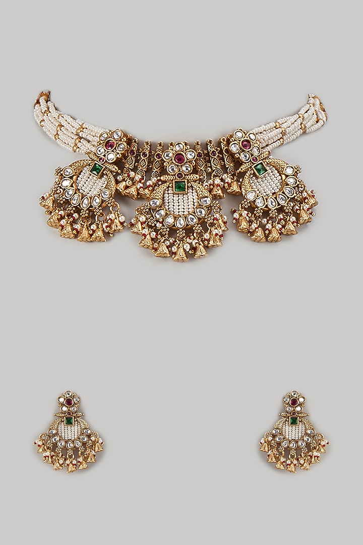 Gold Finish Kundan Polki & Green Stone Temple Choker Necklace Set by Aryah Jewels at Pernia's Pop Up Shop