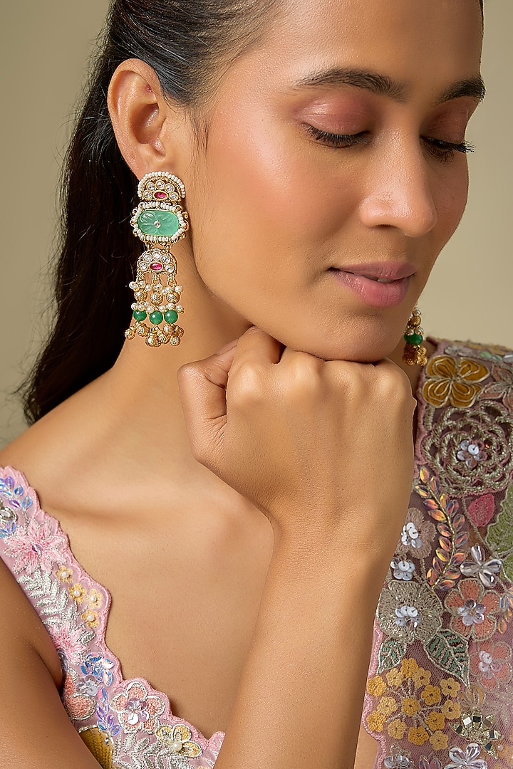 Gold Finish Kundan Polki & Emerald Stone Dangler Earrings by Aryah Jewels at Pernia's Pop Up Shop