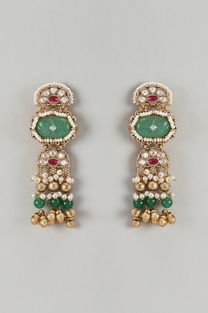 Gold Finish Kundan Polki & Emerald Stone Dangler Earrings by Aryah Jewels at Pernia's Pop Up Shop
