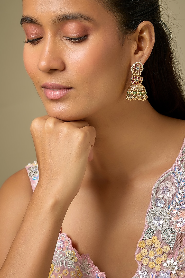 Gold Finish Kundan Polki & Ruby Stone Jhumka Earrings by Aryah Jewels at Pernia's Pop Up Shop