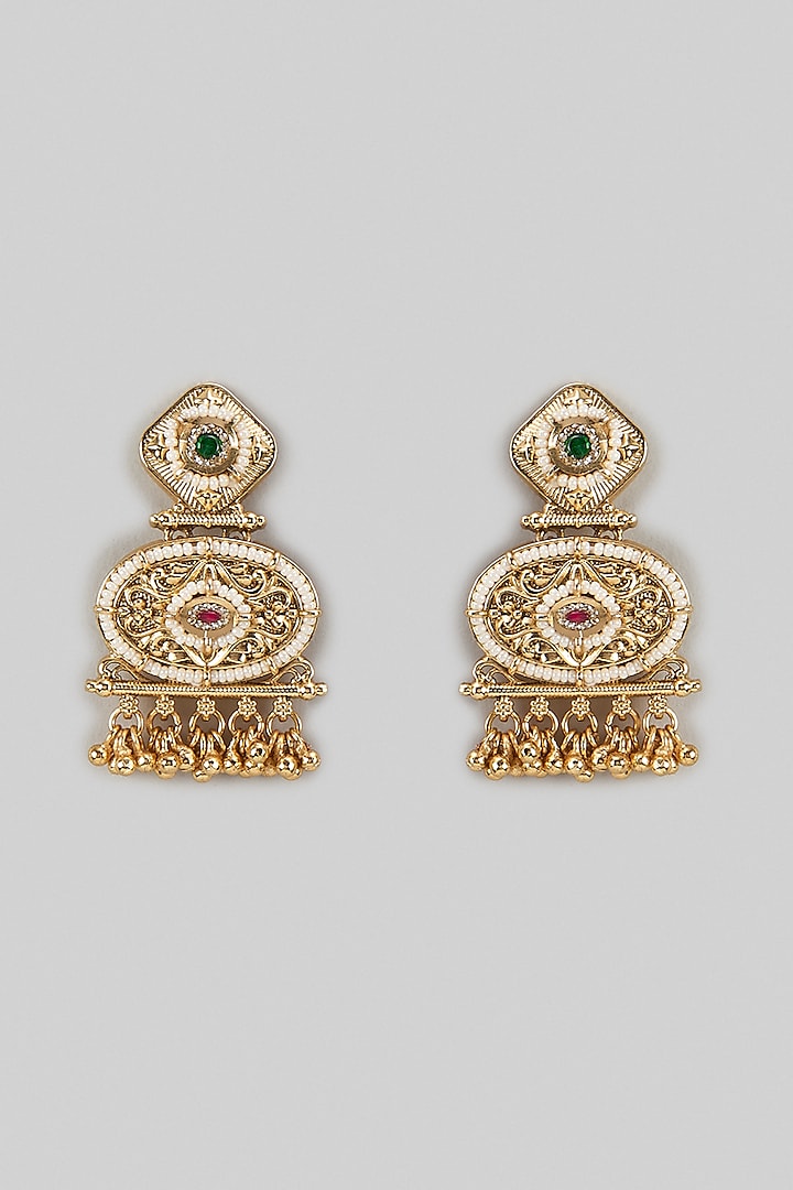 Gold Finish Kundan Polki & Emerald Stone Dangler Earrings by Aryah Jewels at Pernia's Pop Up Shop