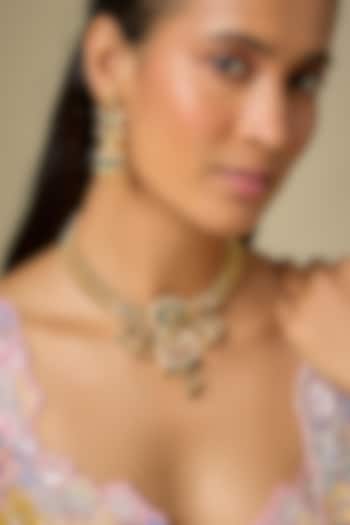 Gold Finish Emerald Beaded & Zircon Temple Choker Necklace Set by Aryah Jewels at Pernia's Pop Up Shop