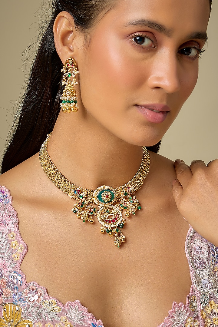 Gold Finish Emerald Beaded & Zircon Temple Choker Necklace Set by Aryah Jewels at Pernia's Pop Up Shop