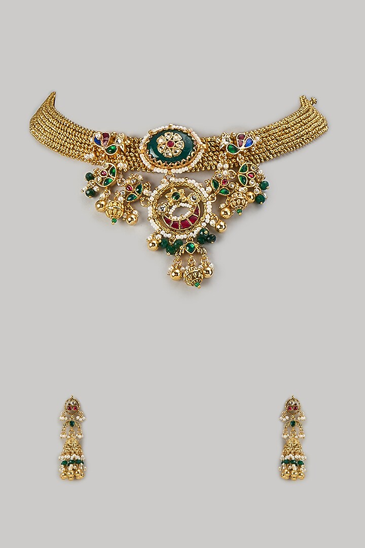 Gold Finish Emerald Beaded & Zircon Temple Choker Necklace Set by Aryah Jewels at Pernia's Pop Up Shop