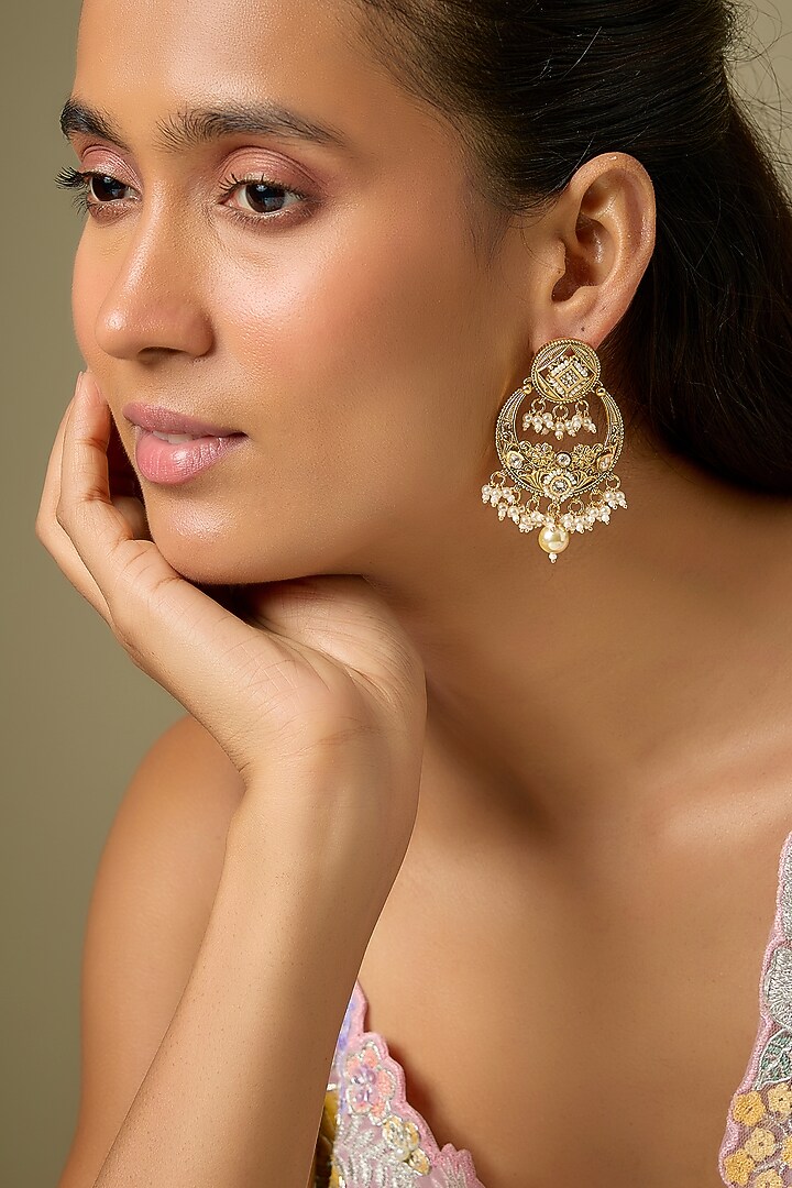 Gold Finish Kundan Polki & Pearl Handcrafted Chandbali Earrings by Aryah Jewels at Pernia's Pop Up Shop