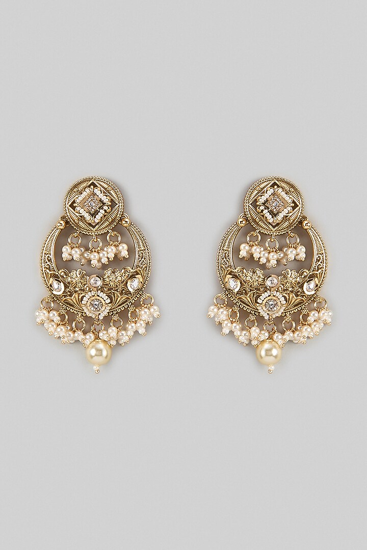 Gold Finish Kundan Polki & Pearl Handcrafted Chandbali Earrings by Aryah Jewels at Pernia's Pop Up Shop