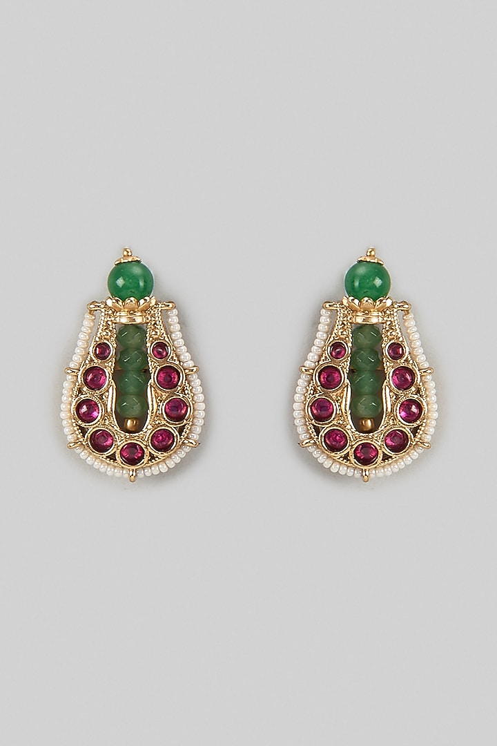 Gold Finish Ruby & Emerald Stone Dangler Earrings by Aryah Jewels at Pernia's Pop Up Shop