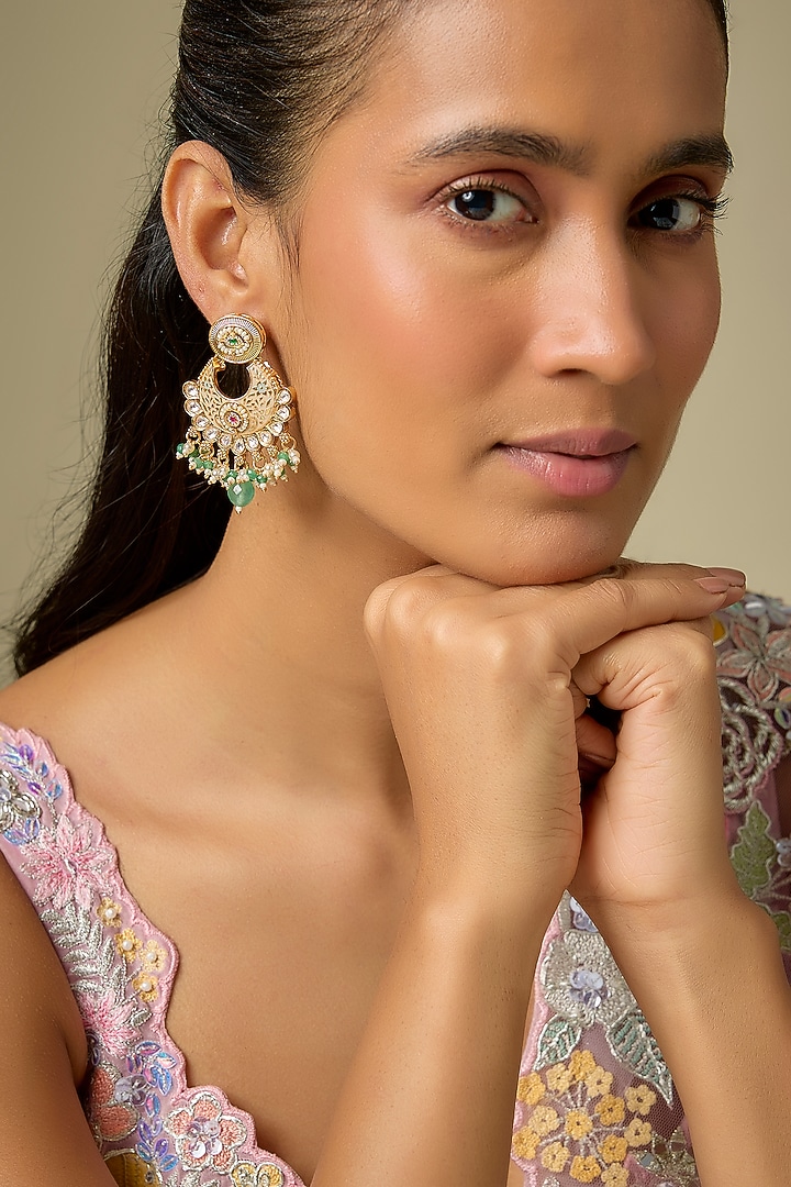 Gold Finish Pink & Green Stone Enameled Chandbali Earrings by Aryah Jewels at Pernia's Pop Up Shop