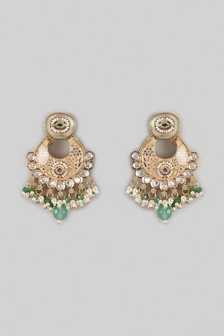 Gold Finish Pink & Green Stone Enameled Chandbali Earrings by Aryah Jewels at Pernia's Pop Up Shop