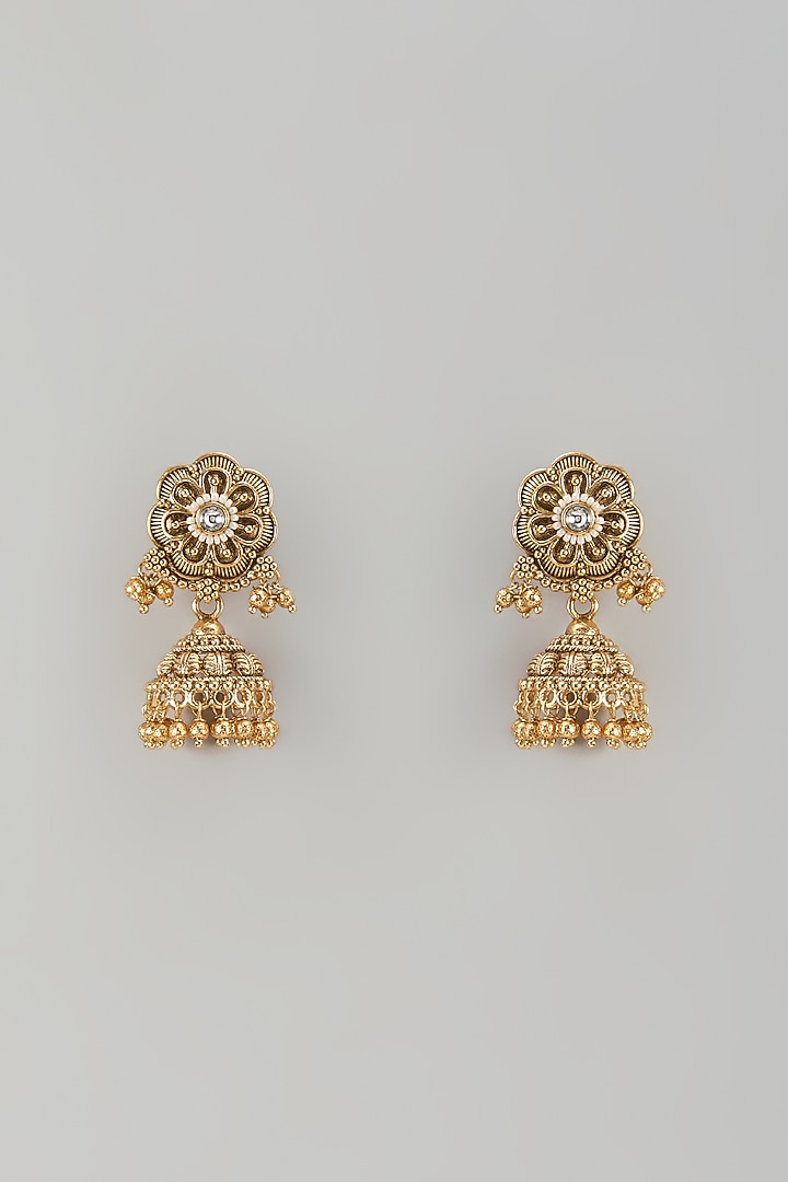 Gold Finish Uncut Zircon & Pearl Jhumka Earrings by Aryah Jewels at Pernia's Pop Up Shop