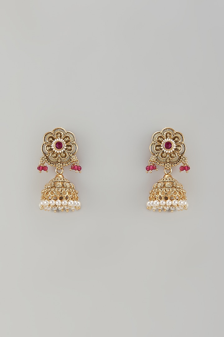 Gold Finish Uncut Zircon & Pearl Jhumka Earrings by Aryah Jewels at Pernia's Pop Up Shop