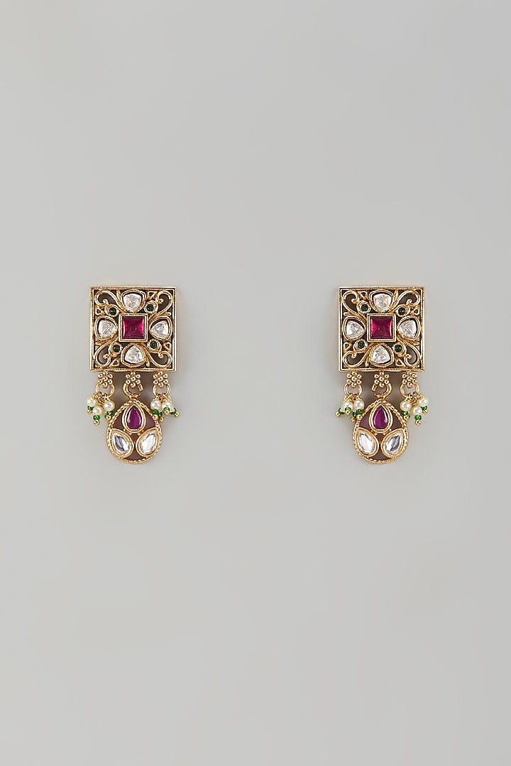 Gold Finish Ruby Stone & Pearl Dangler Earrings by Aryah Jewels at Pernia's Pop Up Shop