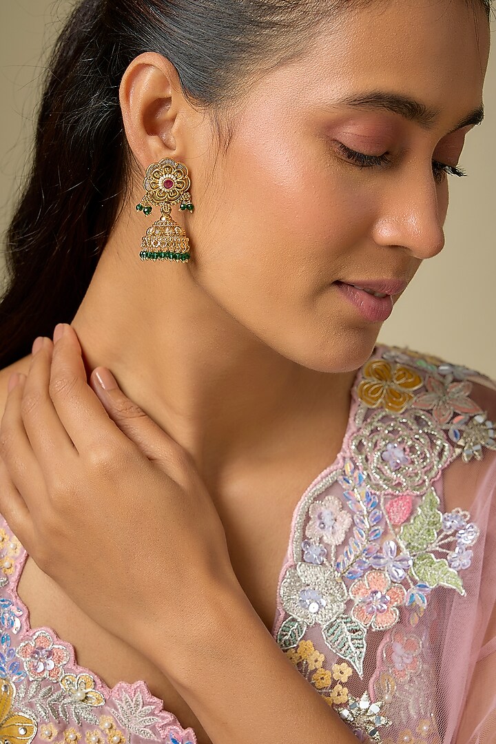 Gold Finish Beaded & Pearl Jhumka Earrings by Aryah Jewels at Pernia's Pop Up Shop