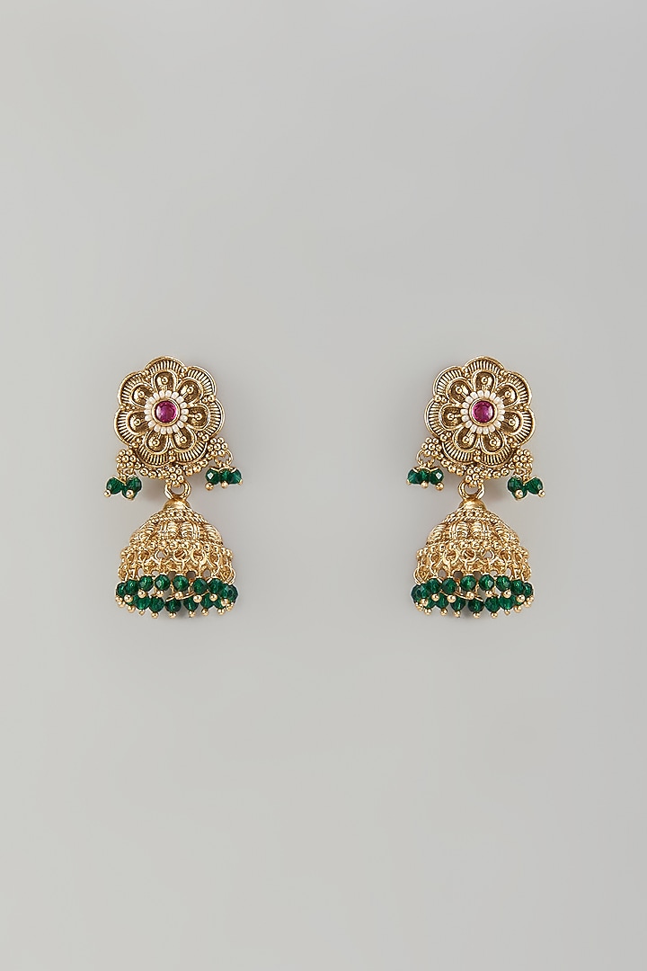 Gold Finish Beaded & Pearl Jhumka Earrings by Aryah Jewels at Pernia's Pop Up Shop