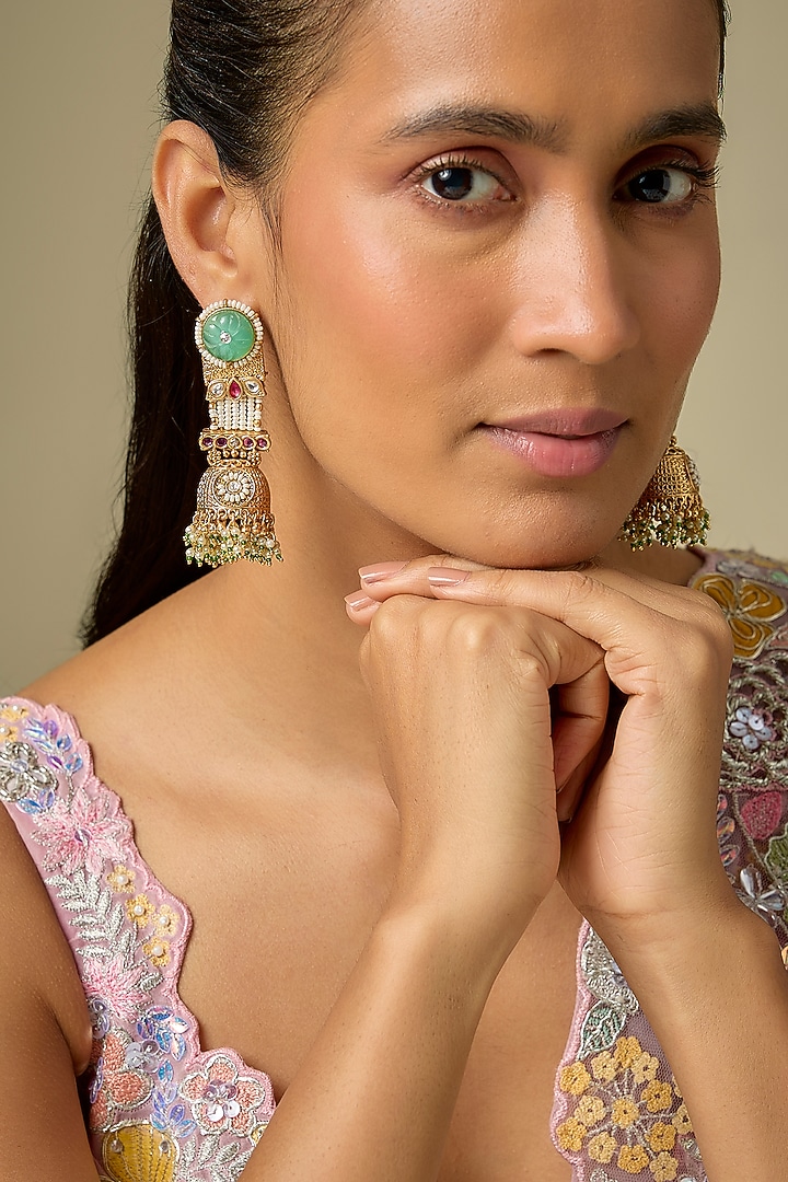 Gold Finish Kundan Polki & Emerald Stone Jhumka Earrings by Aryah Jewels at Pernia's Pop Up Shop