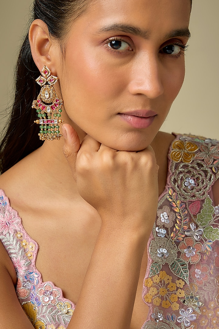 Gold Finish Multi-Colored Stone & Pearl Dangler Earrings by Aryah Jewels at Pernia's Pop Up Shop